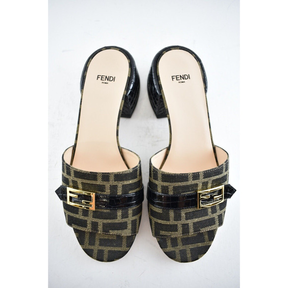 Fendi Black Brown Monogram Logo Backless Sandal Block Heel Mule Slide Pump 37.5 - Picture 8 of 12